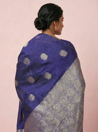 The Unique Calf-Print Pure Soft Silk Saree with Silver Border - Purple thumbnail