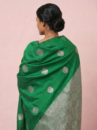 The Unique Calf-Print Pure Soft Silk Saree with Silver Border - Green thumbnail