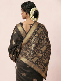 The Majestic Wildlife Pure Silk Zari Handloom Saree - Brown thumbnail