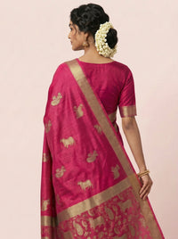 The Majestic Wildlife Pure Silk Zari Handloom Saree - Pink thumbnail
