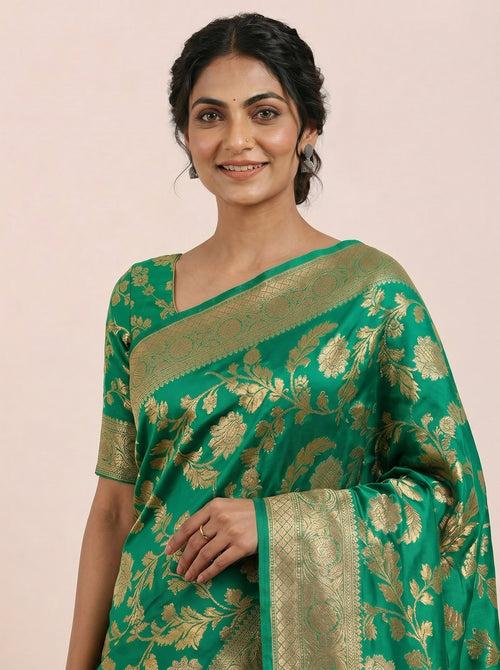 The Banarasi Bronze Zari Pure Chiffon Saree - Green
