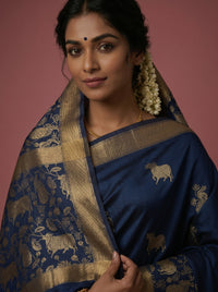 The Majestic Wildlife Pure Silk Zari Handloom Saree - Blue thumbnail