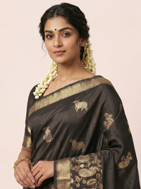 The Majestic Wildlife Pure Silk Zari Handloom Saree - Brown thumbnail