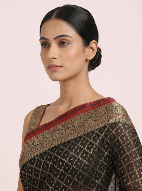 The Graceful Chanderi Silk Cotton Saree with Silver-Bronze Accent - Black
