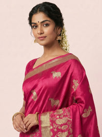 The Majestic Wildlife Pure Silk Zari Handloom Saree - Pink thumbnail