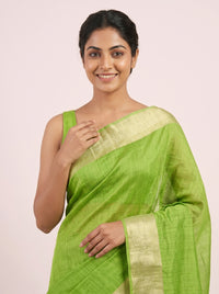 The Fresh Green Plain Jute Silk Saree with Golden Border thumbnail