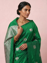 The Unique Calf-Print Pure Soft Silk Saree with Silver Border - Green thumbnail