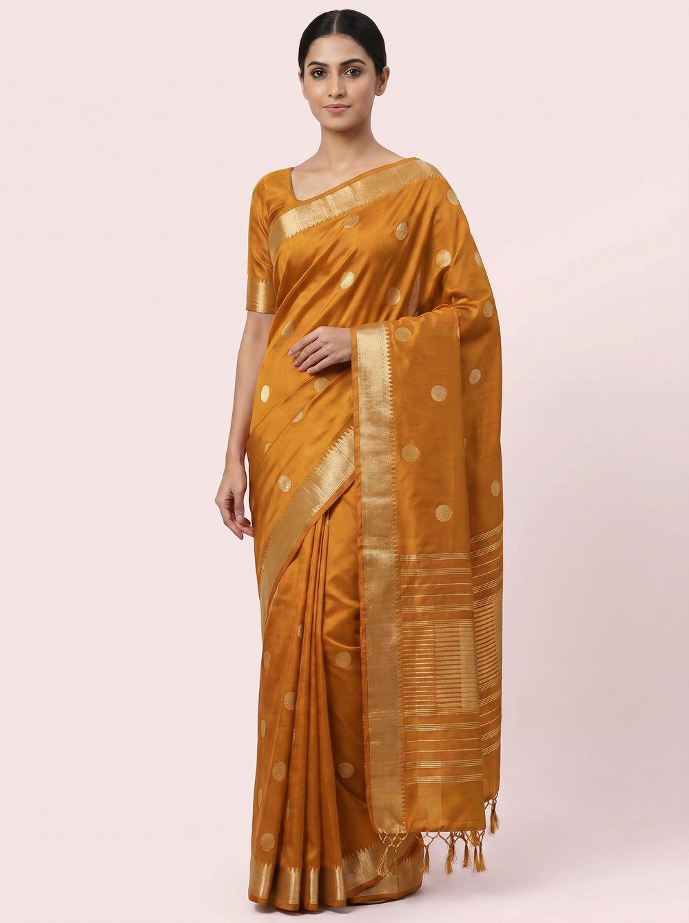 The Classic Polka Dot Pure Silk Saree with Zari Border - yellow