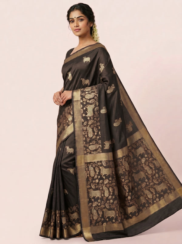 The Majestic Wildlife Pure Silk Zari Handloom Saree - Brown