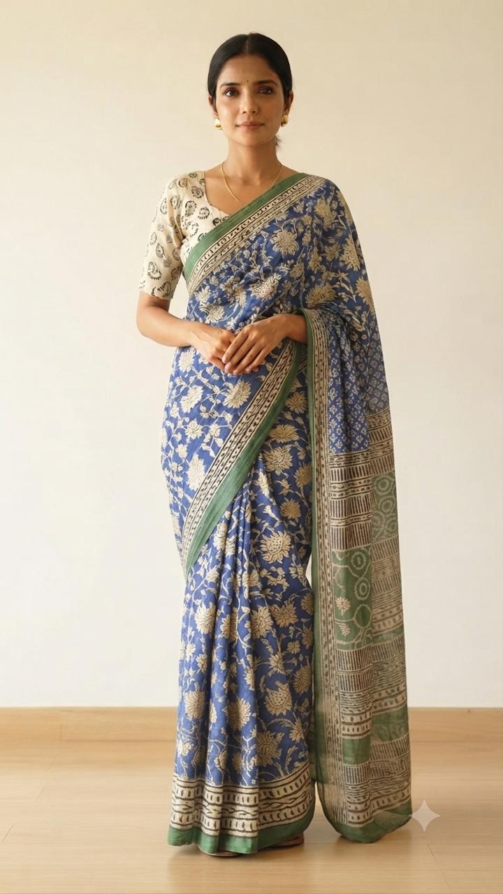 Indigo Mul Cotton Saree