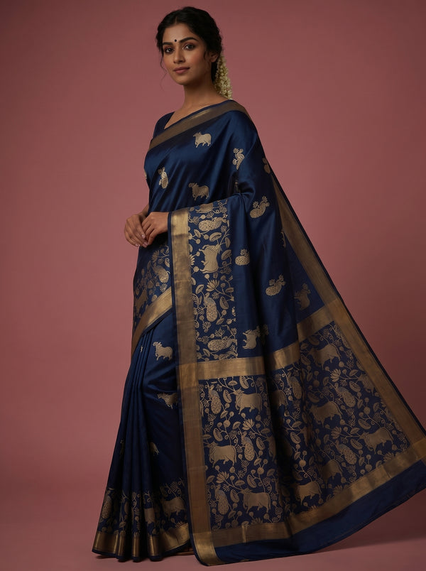 The Majestic Wildlife Pure Silk Zari Handloom Saree - Blue