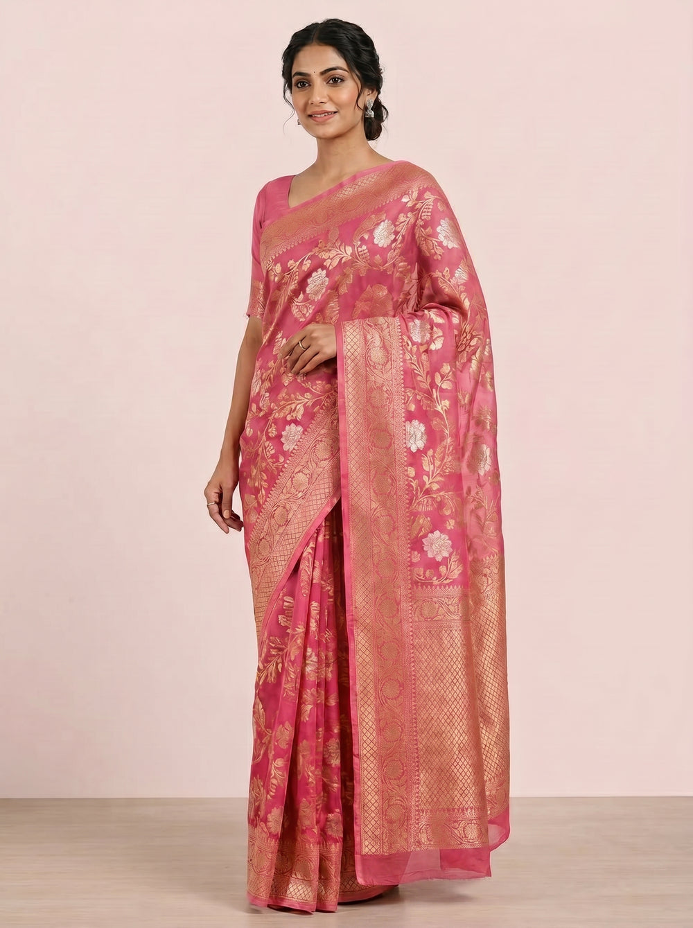 The Banarasi Bronze Zari Pure Chiffon Saree - Onion red