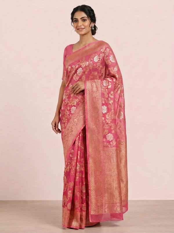 The Banarasi Bronze Zari Pure Chiffon Saree - Onion red