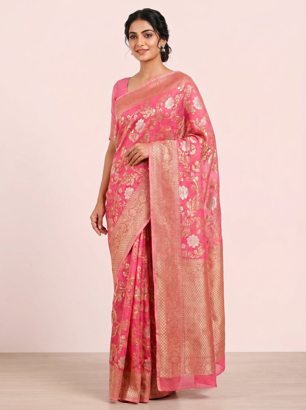 The Banarasi Bronze Zari Pure Chiffon Saree - Pink