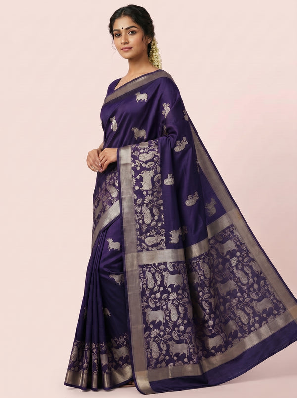 The Majestic Wildlife Pure Silk Zari Handloom Saree - Purple