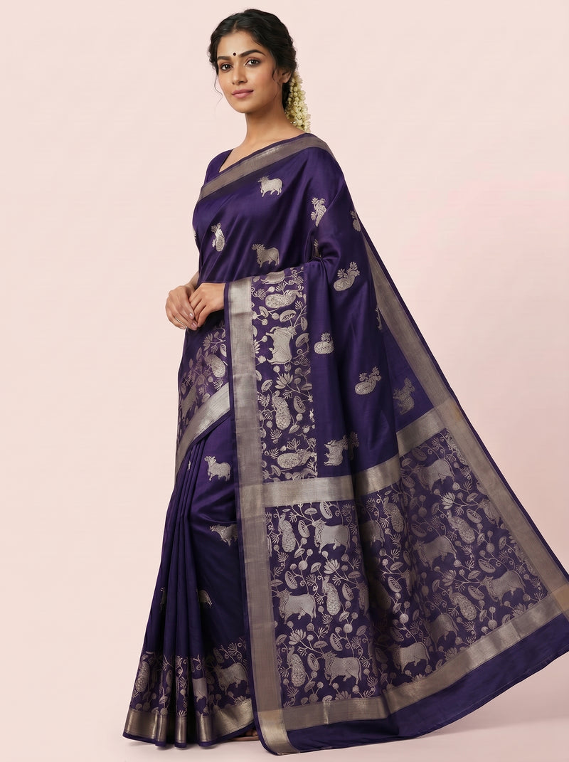 The Majestic Wildlife Pure Silk Zari Handloom Saree - Purple