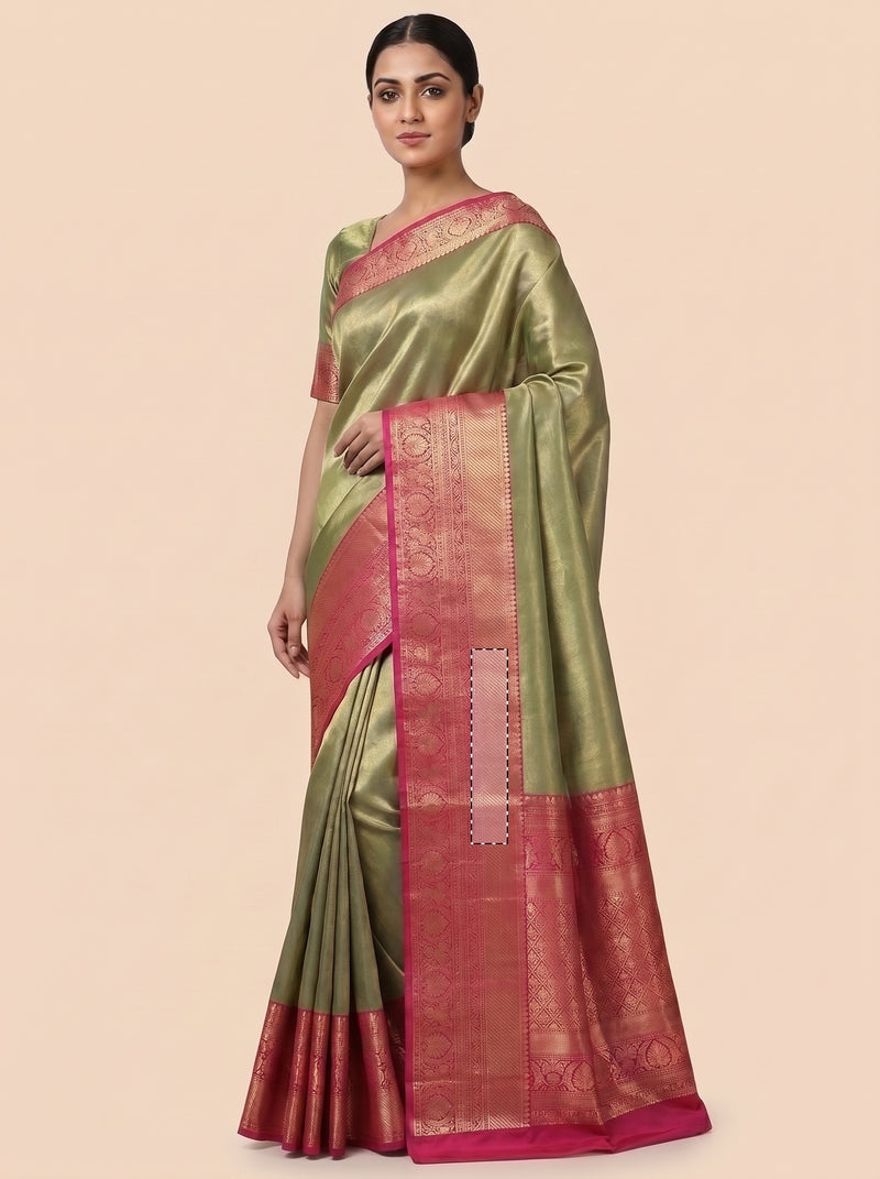 The Elegant Green Kanjivaram Tissue Saree with Metallic Pallu