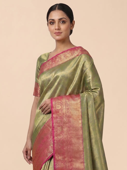 The Elegant Green Kanjivaram Tissue Saree with Metallic Pallu