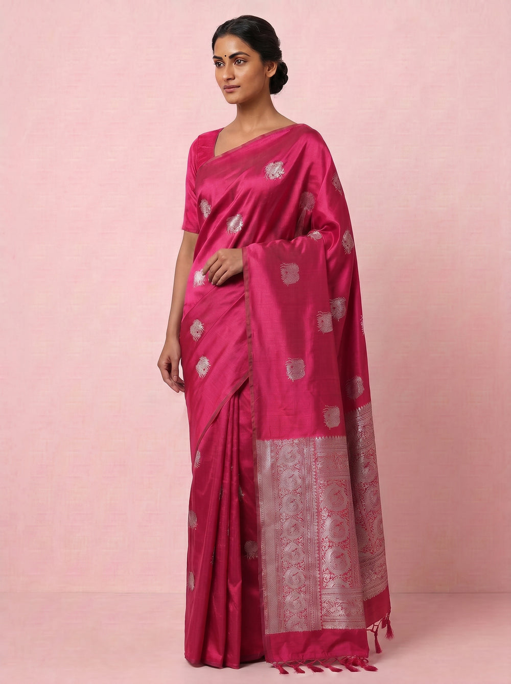 The Unique Calf-Print Pure Soft Silk Saree with Silver Border - Pink