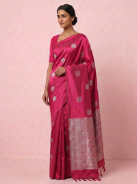 The Unique Calf-Print Pure Soft Silk Saree with Silver Border - Pink thumbnail