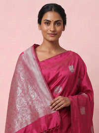 The Unique Calf-Print Pure Soft Silk Saree with Silver Border - Pink thumbnail