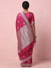 The Unique Calf-Print Pure Soft Silk Saree with Silver Border - Pink thumbnail