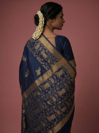 The Majestic Wildlife Pure Silk Zari Handloom Saree - Blue thumbnail