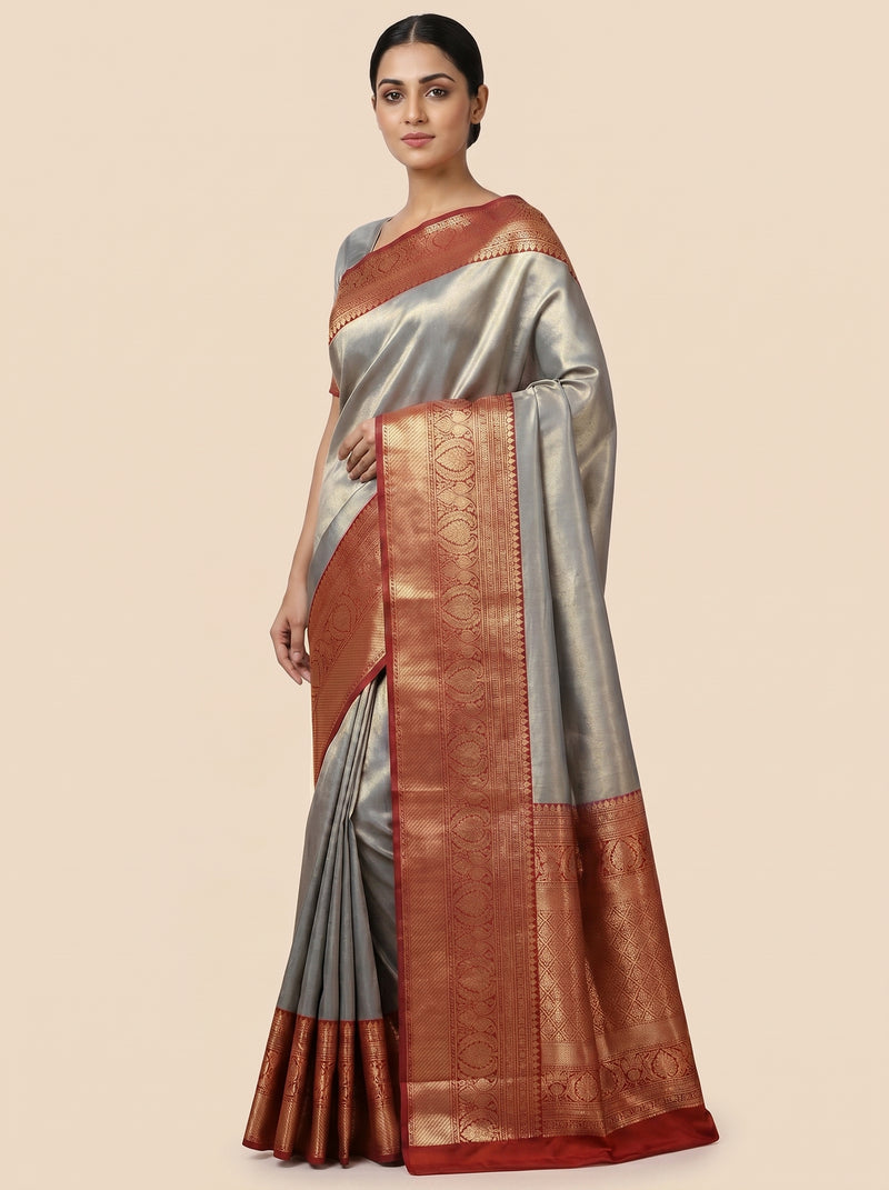 The Elegant Grey Kanjivaram Tissue Saree with Metallic Pallu