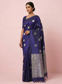 The Unique Calf-Print Pure Soft Silk Saree with Silver Border - Purple thumbnail