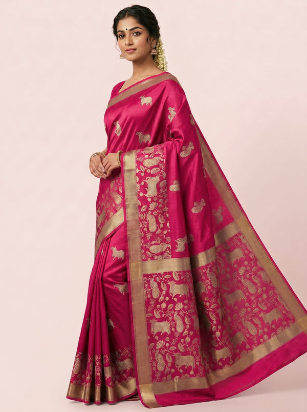 The Majestic Wildlife Pure Silk Zari Handloom Saree - Pink