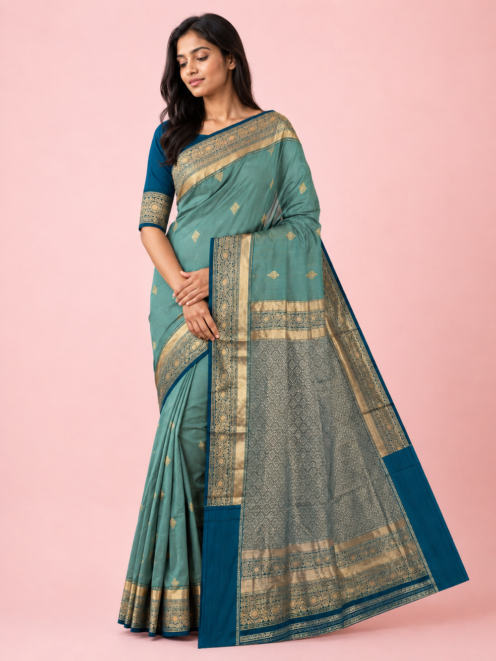 The Metallic Green Pure Silk Saree with Zari Pallu