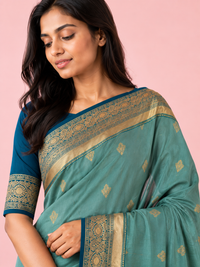 The Metallic Green Pure Silk Saree with Zari Pallu thumbnail